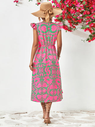 Printed V-Neck Cap Sleeve Dress Trendsi