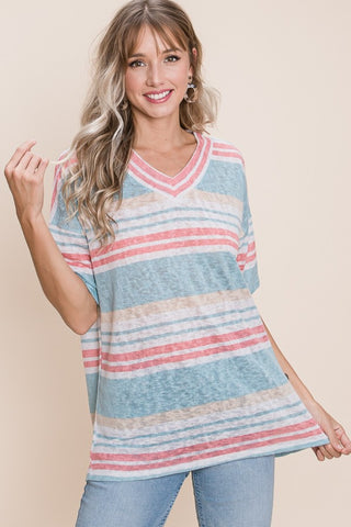 BOMBOM V-Neck Striped Knit Top Trendsi