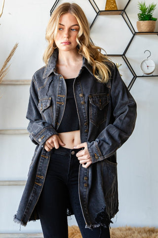 Veveret Button Up Distressed Frayed Hem Denim Jacket Trendsi