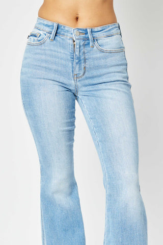 Judy Blue Full Size Mid Rise Raw Hem Slit Flare Jeans Trendsi