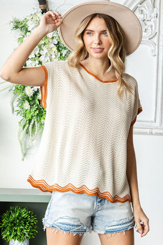 First Love Full Size Contrast Wavy Crochet Drop Shoulder Knit Top Trendsi