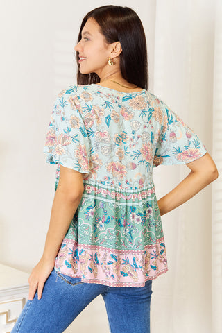 Perfee Floral Tie Neck Short Sleeve Blouse Trendsi