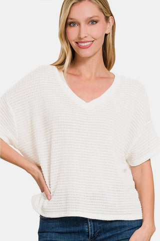 Zenana Drop Shoulder Short Sleeve Jacquard Knit Top Trendsi