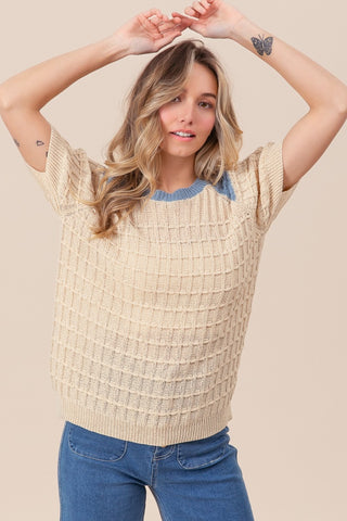 BiBi Textured Contrast Short Sleeve Sweater Trendsi