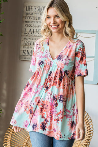 Heimish Full Size Floral V-Neck Short Sleeve Babydoll Blouse Trendsi