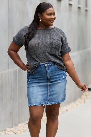 e.Luna Full Size Chunky Knit Short Sleeve Top in Gray Trendsi