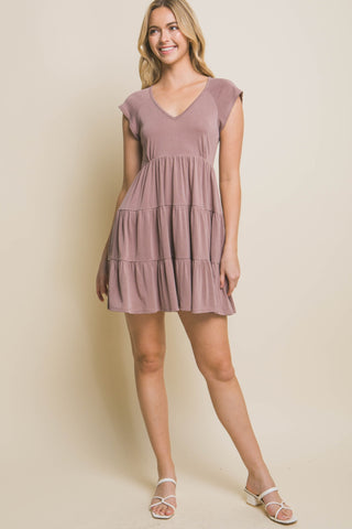 Love Tree V-Neck Cap Sleeve Tiered Mini Dress Trendsi