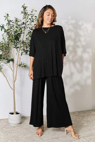 Double Take Full Size Round Neck Slit Top and Pants Set Trendsi