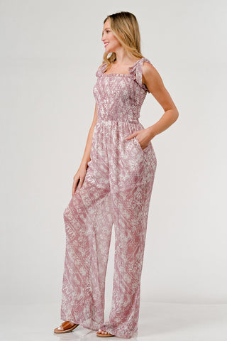 GeeGee Printed Tie Shoulder Wide Leg Jumpsuit Trendsi