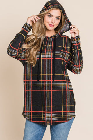 BOMBOM Drawstring Plaid Long Sleeve Hoodie Trendsi