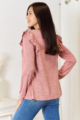 Double Take Square Neck Ruffle Shoulder Long Sleeve T-Shirt Trendsi