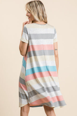 BOMBOM Striped Short Sleeve Dress with Pockets Trendsi