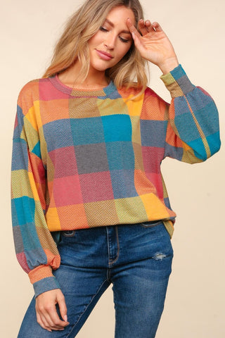 Haptics Round Neck Color Block Plaid Top Trendsi