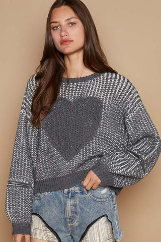 POL Round Neck Heart Patch Zipper Point Sleeve Sweater Trendsi