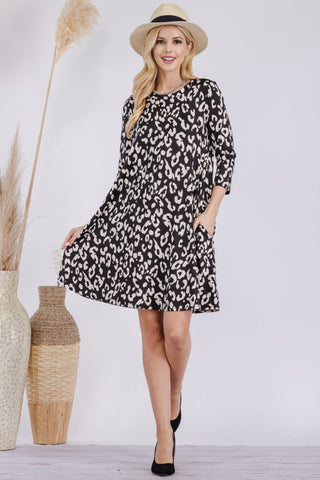 Celeste Full Size Leopard Three-Quarter Sleeve Dress with Pockets Trendsi