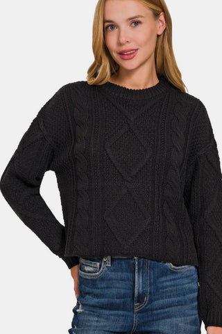 Zenana Cropped High Low Cable Sweater with Side Slits Trendsi