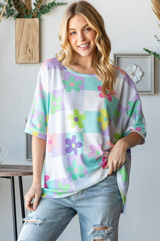 HOPELY Floral Round Neck Waffle T-Shirt Trendsi