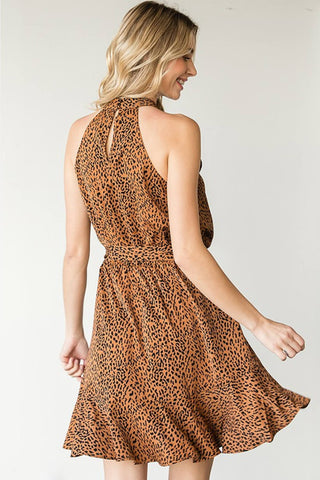 First Love Full Size Leopard Belted Sleeveless Dress Trendsi