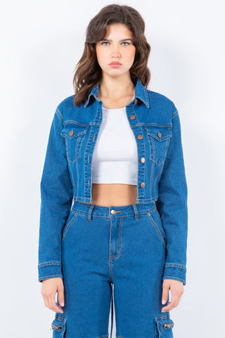 American Bazi Laced Back Cropped Denim Jacket Trendsi