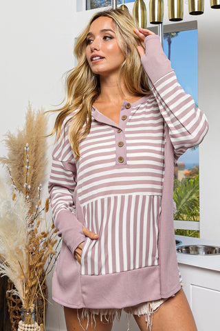 BiBi Striped Thumbhole Long Sleeve Top Trendsi