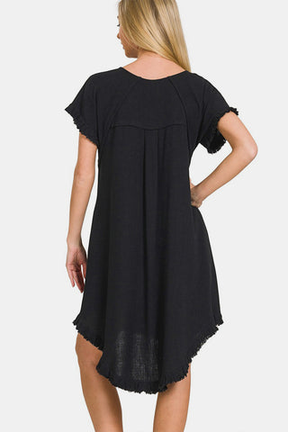 Zenana Fringe Edge High Low Flowy Dress with Pockets Trendsi