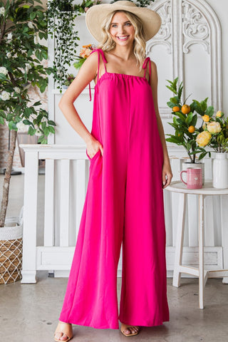 Veveret Pocketed Spaghetti Strap Wide Leg Jumpsuit Trendsi