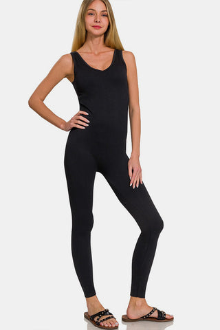 Zenana Ribbed Bra Padded Sports Seamless Jumpsuit Trendsi