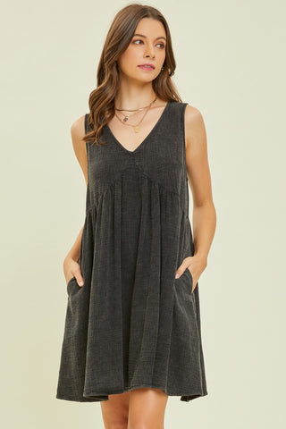 HEYSON Full Size Texture V-Neck Sleeveless Flare Mini Dress Trendsi