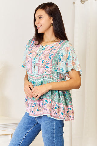 Perfee Floral Tie Neck Short Sleeve Blouse Trendsi