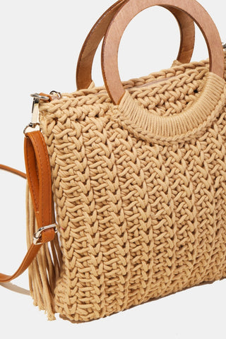 Fame Crochet Knit Convertible Tote Bag with Tassel Trendsi