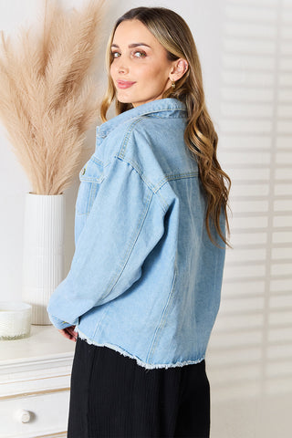 Double Take Dropped Shoulder Raw Hem Denim Jacket Trendsi