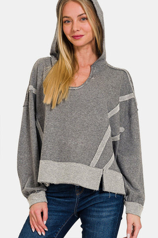 Zenana Contrast Trim Slit Hoodie Trendsi