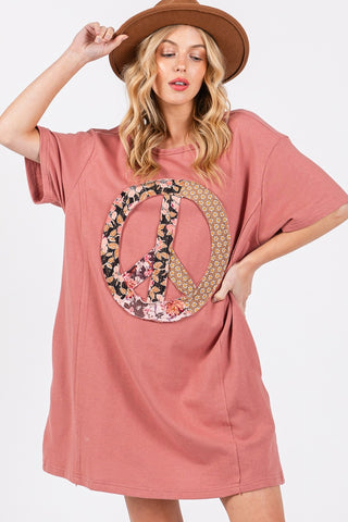 SAGE + FIG Full Size Peace Sign Applique Short Sleeve Tee Dress Trendsi