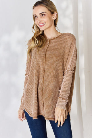 Zenana Oversized Washed Waffle Long Sleeve Top Trendsi